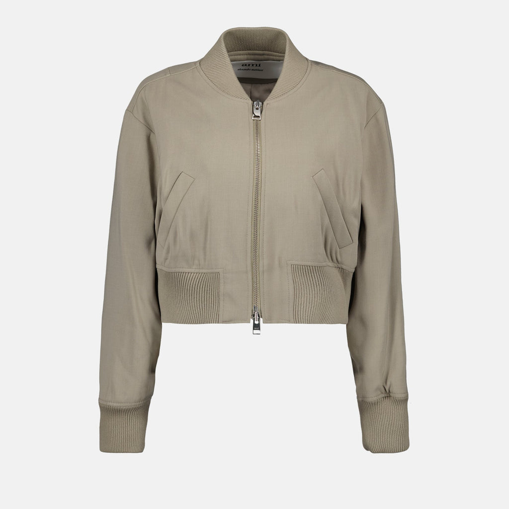 beige wool bomber jacket, AMI Paris, luxury outerwear, designer wool jacket, elegant bomber jacket