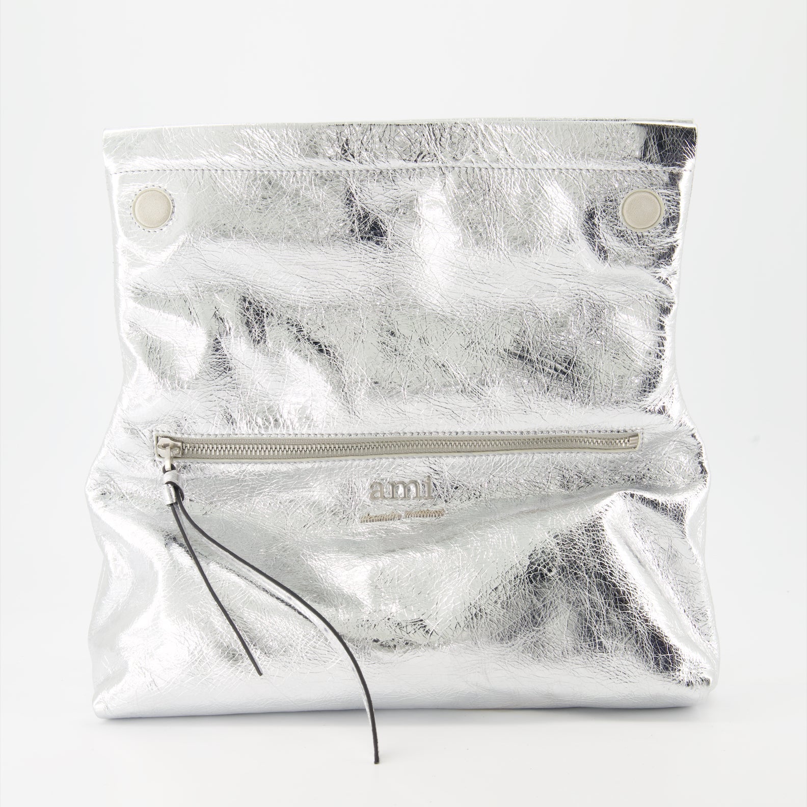 Metallic leather bag, luxury grocery bag, AMI Paris, high-end tote, crinkled leather accessory