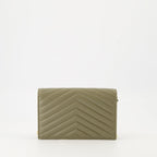 Kaki Chain Envelope Wallet, Saint Laurent wallet, grained lamb leather wallet, metal logo wallet, beige designer wallet