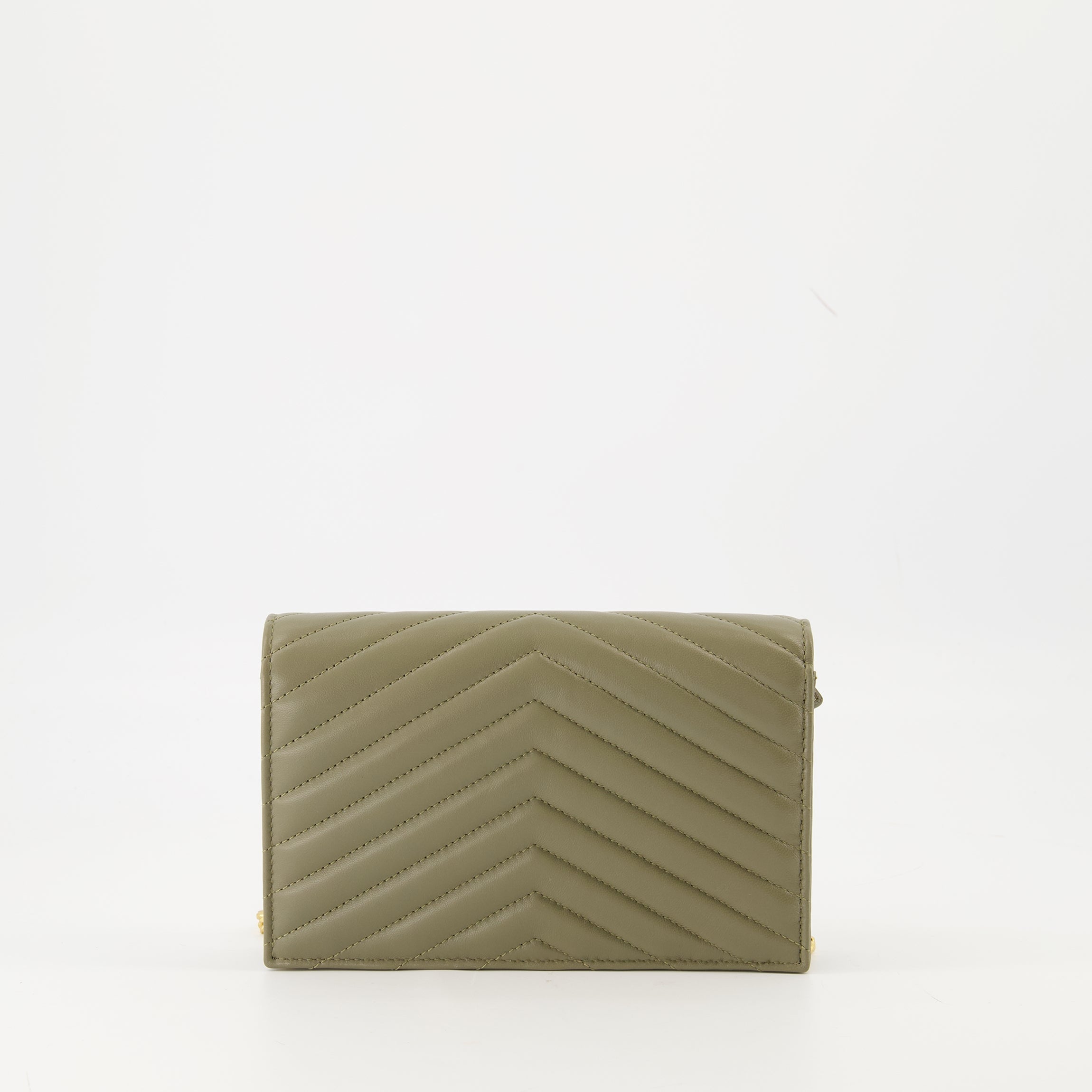 Kaki Chain Envelope Wallet, Saint Laurent wallet, grained lamb leather wallet, metal logo wallet, beige designer wallet