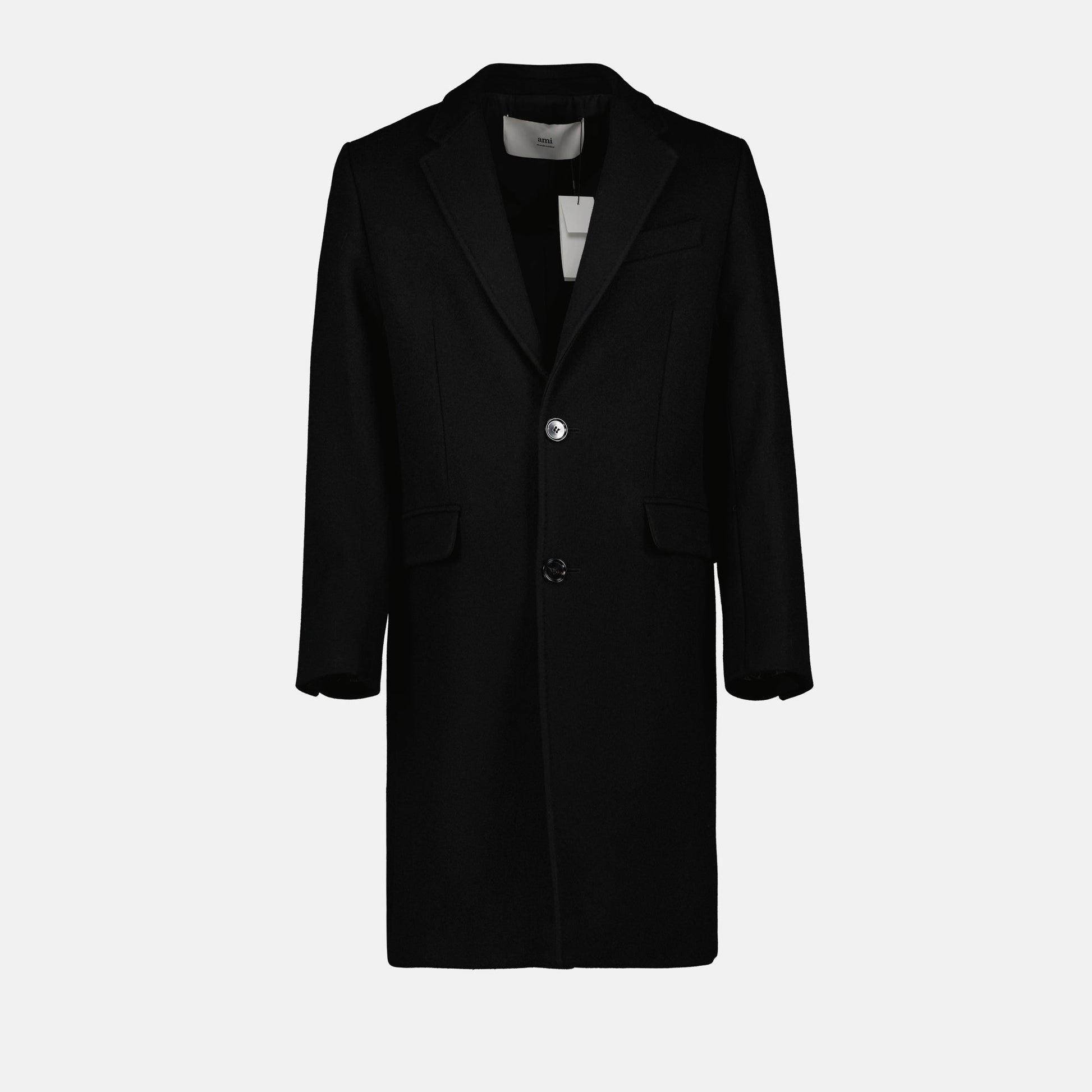 black wool coat, AMI Paris, autumn-winter fashion, classic overcoat, timeless style