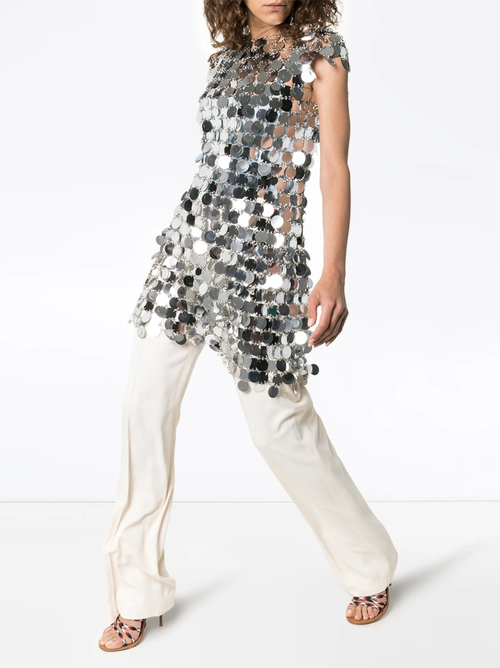 Image of Sparkle Silver Midi Dress by Rabanne for Women - Season Autumn-Winter 2025 - Model View 1