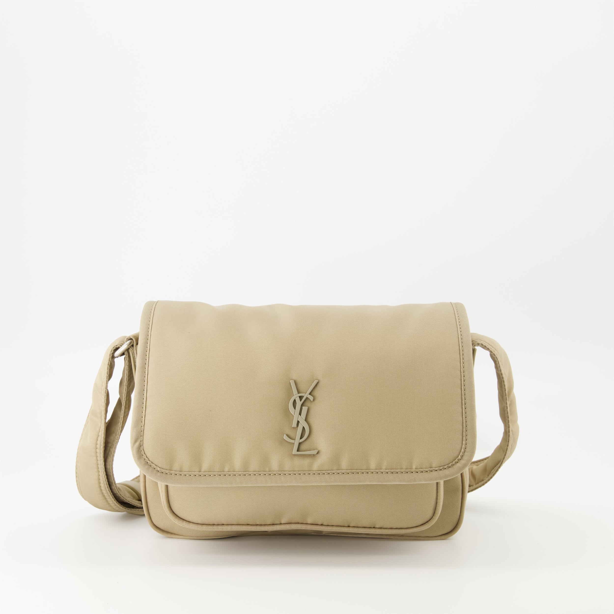 nylon bag, Saint Laurent, beige bag, adjustable strap bag, sustainable fashion