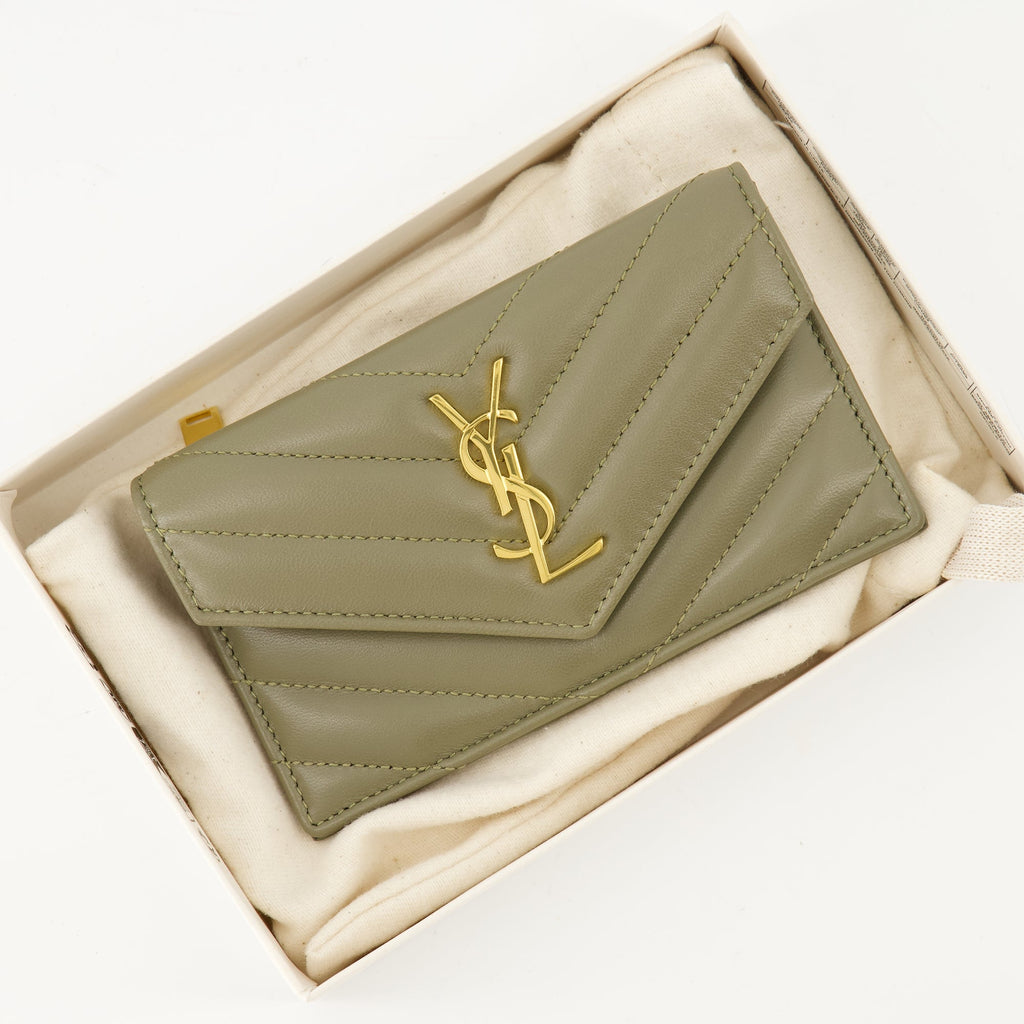 Saint Laurent card holder, lambskin leather accessory, Cassandre Fragments, khaki card holder, designer card holder