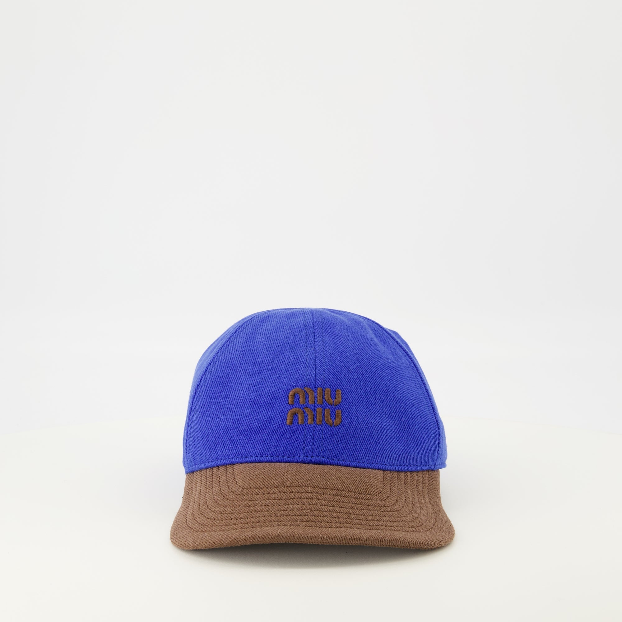denim cap, Miu Miu cap, blue and brown cap, cotton cap, embroidered logo cap