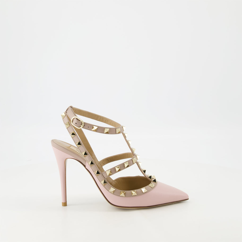 Rockstud heels, pink leather shoes, Valentino Garavani, elegant footwear, ankle strap heels