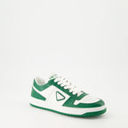 Image of White and Green Leather Downtown Sneakers by Prada for Women - Season Autumn-Winter 2024 - Front Right Three-Quarter View