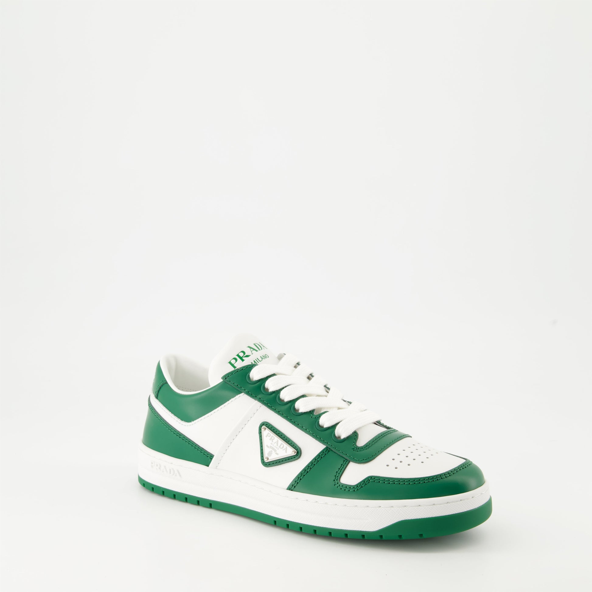 Prada sneakers, luxury sneakers, white and green leather sneakers, modern high-end footwear, Autumn-Winter 2024 collection