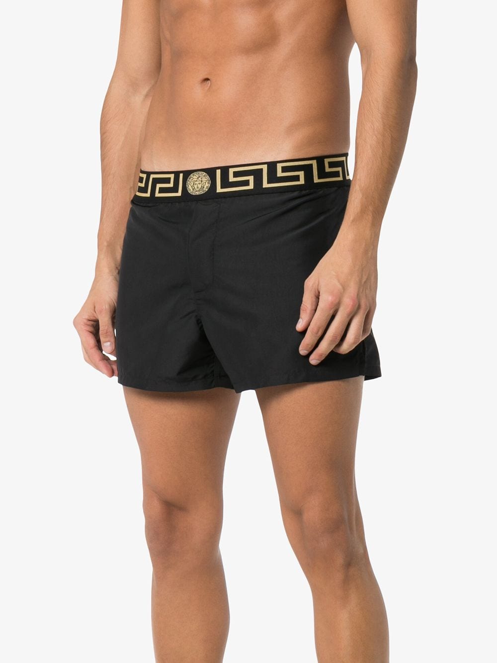 Versace swimwear, men's luxury swimwear, black designer swimwear, Medusa swimwear, high-end men's fashion