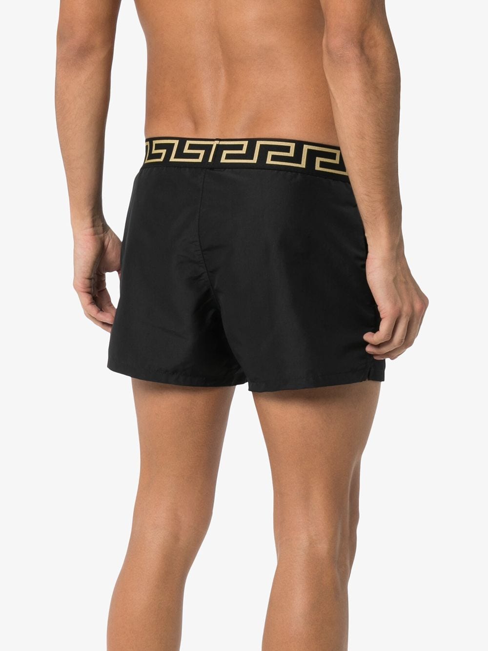 Versace swimwear, men's luxury swimwear, black designer swimwear, Medusa swimwear, high-end men's fashion