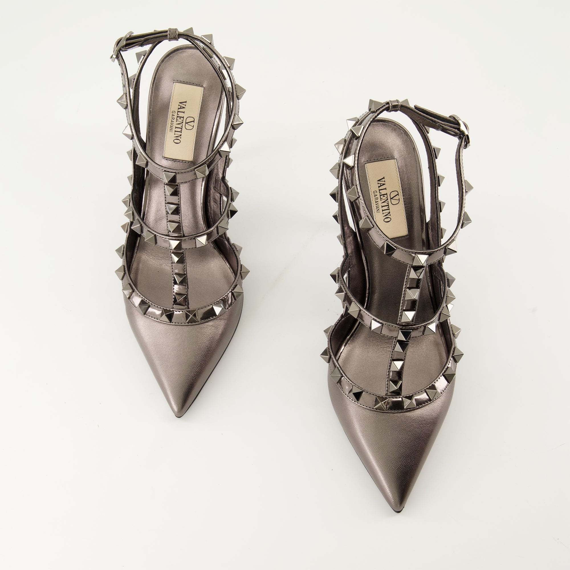 Valentino, Rockstud Heels, Silver Shoes, Luxury Fashion, Pointed Heels