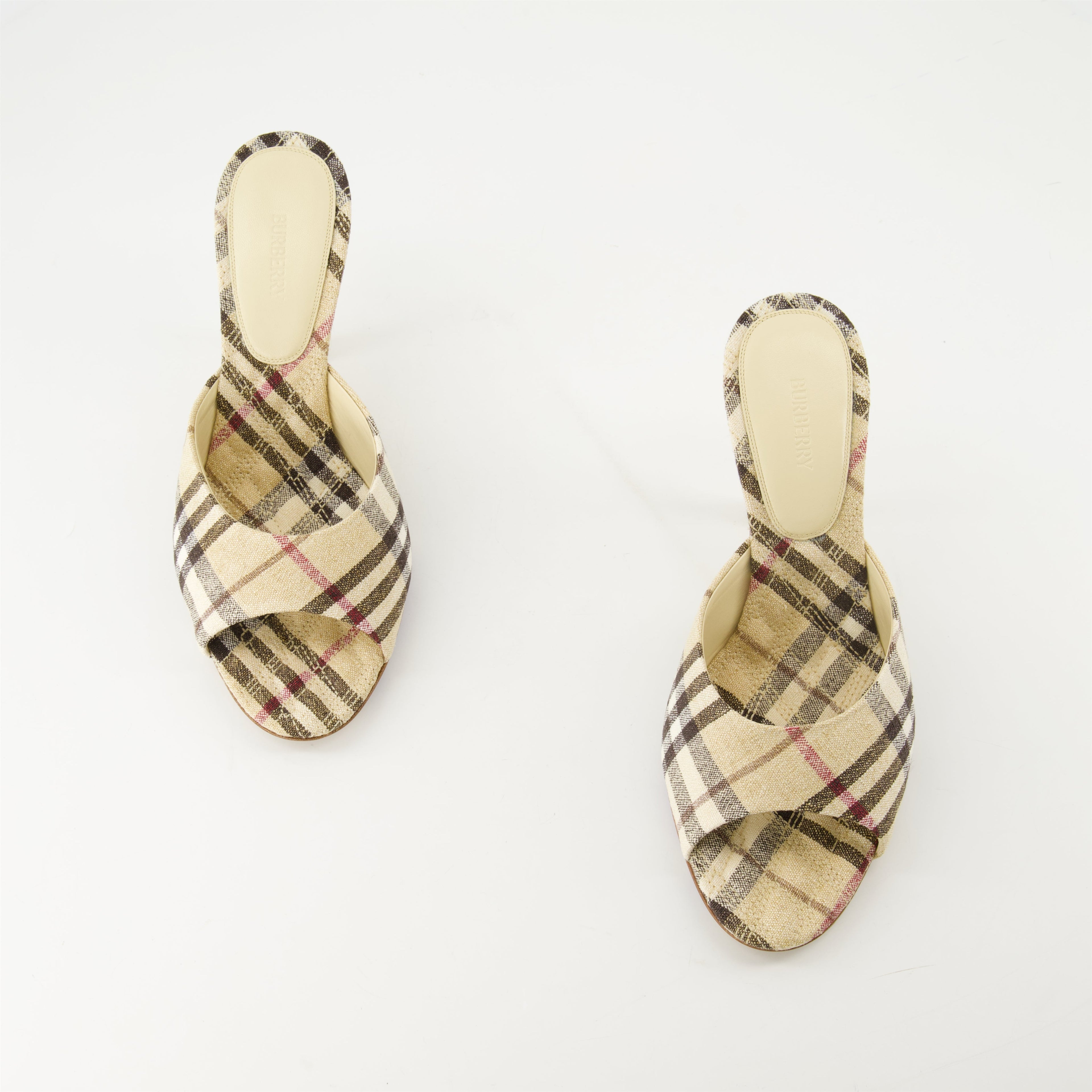 checkered mules, heeled mules, open toe shoes, linen footwear, vintage print mules