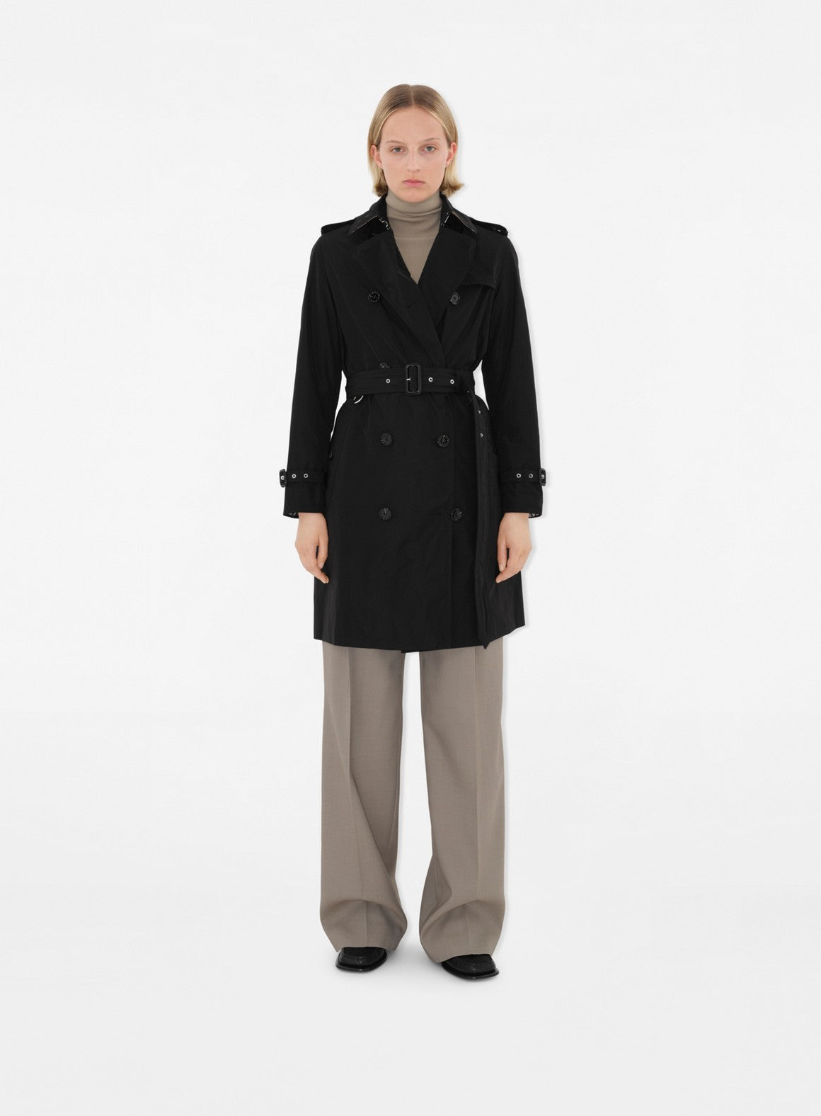 Burberry trench coat, women's luxury coat, black Kensington Trench, designer outerwear, timeless fashion