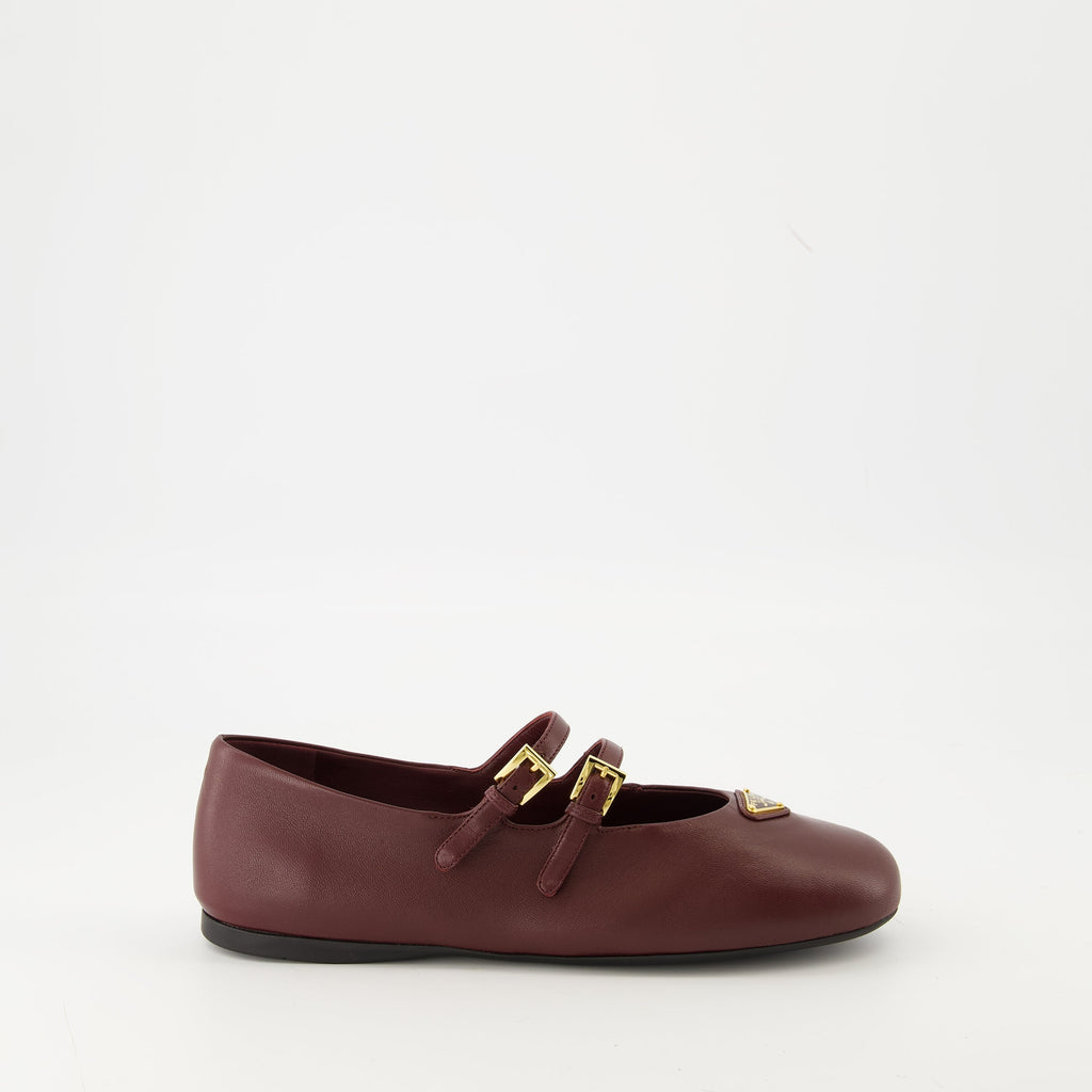 Prada ballerinas, bordeaux leather shoes, adjustable strap ballerinas, rounded toe flats, nappa leather footwear