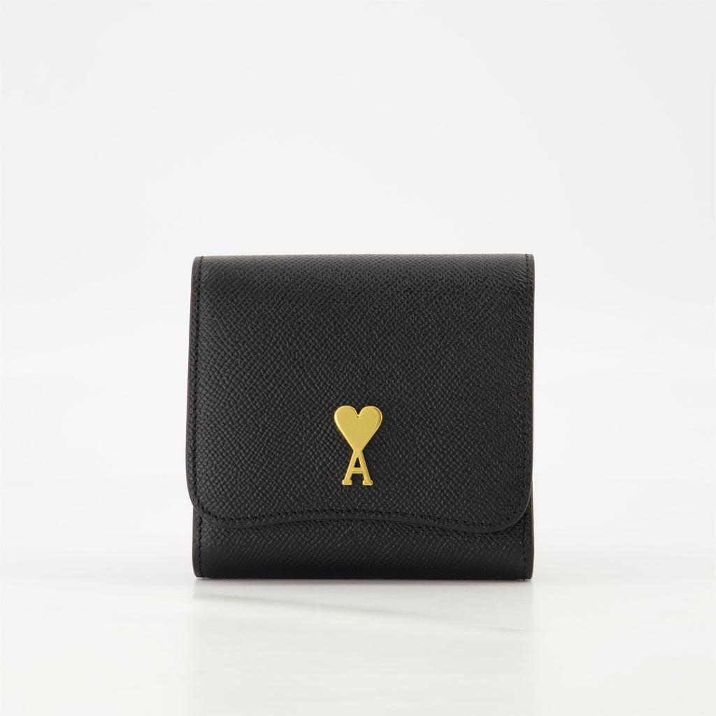 black wallet, AMI Paris, grained leather wallet, snap closure, card slots