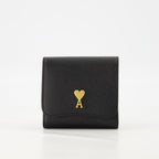 black wallet, AMI Paris, grained leather wallet, snap closure, card slots