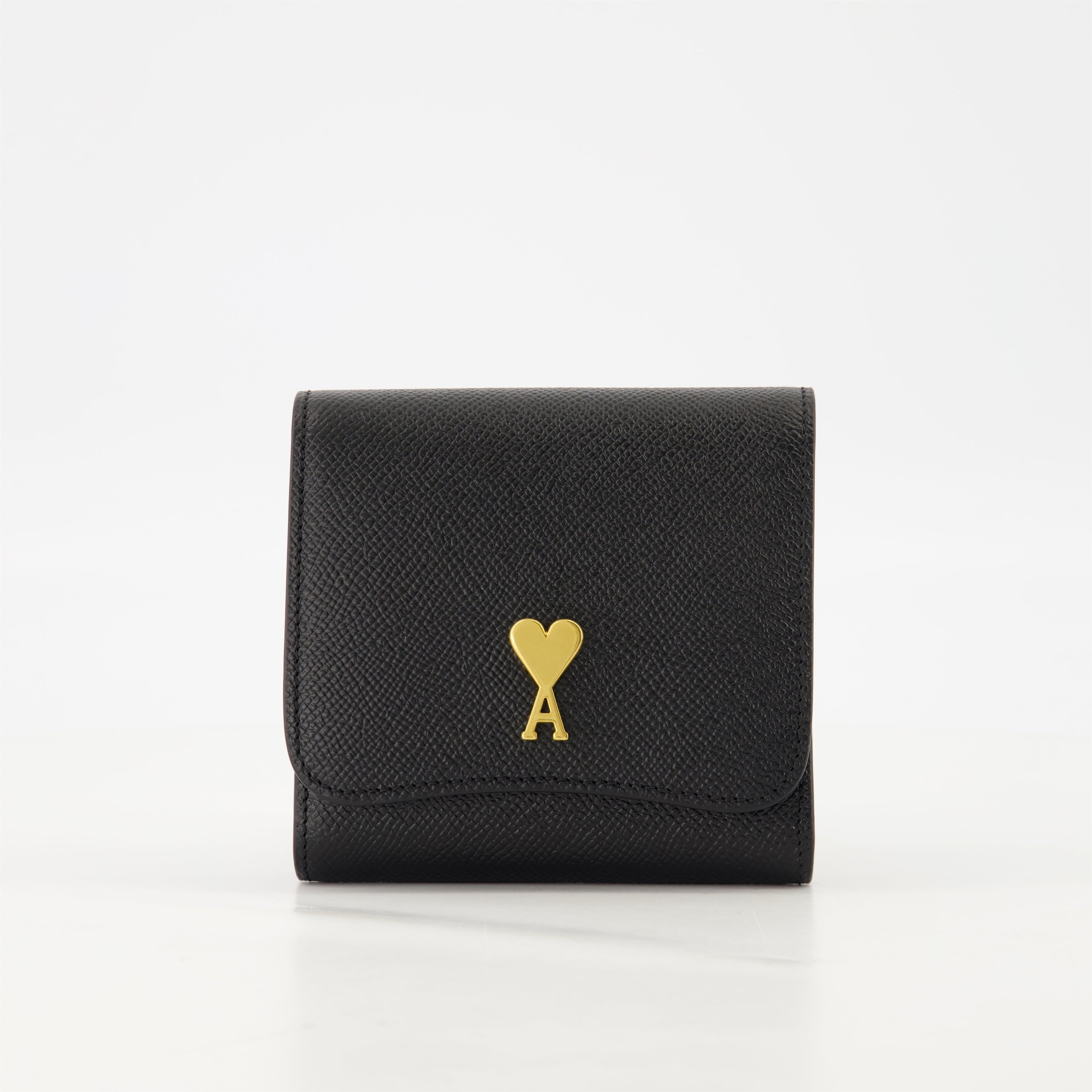 black wallet, AMI Paris, grained leather wallet, snap closure, card slots
