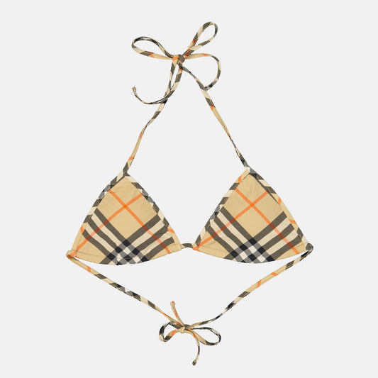 Burberry bikini top, beige checked swimwear, luxury swimwear, high-end bikini, designer bikini