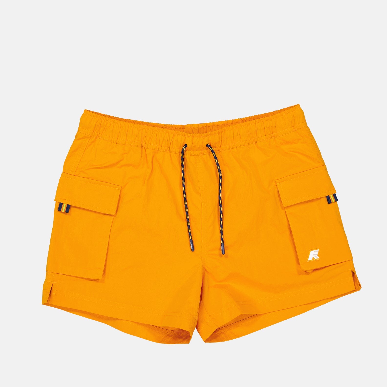 luxury swim shorts, K-Way, orange nylon shorts, high-end swimwear, designer swim shorts