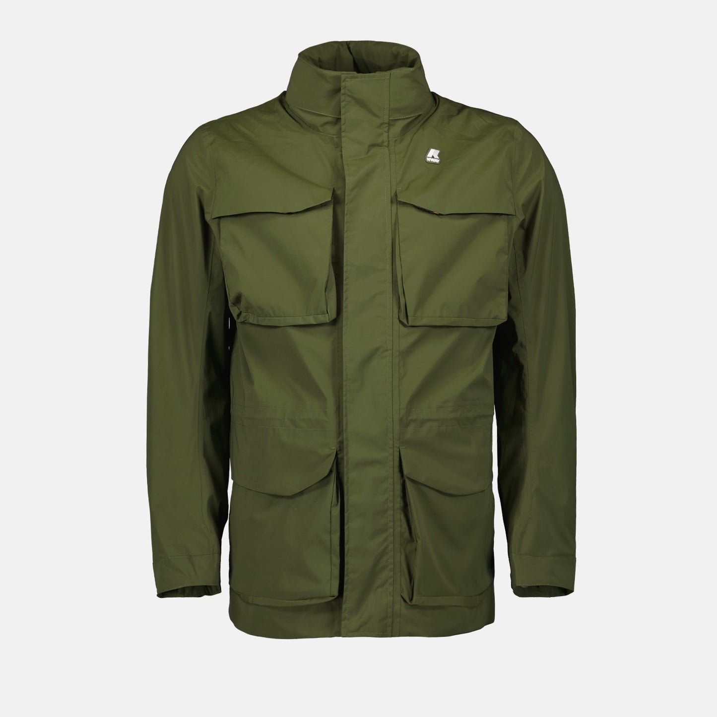 K-Way parka, luxury nylon jacket, khaki green outerwear, high-end men's fashion, stretch nylon parka