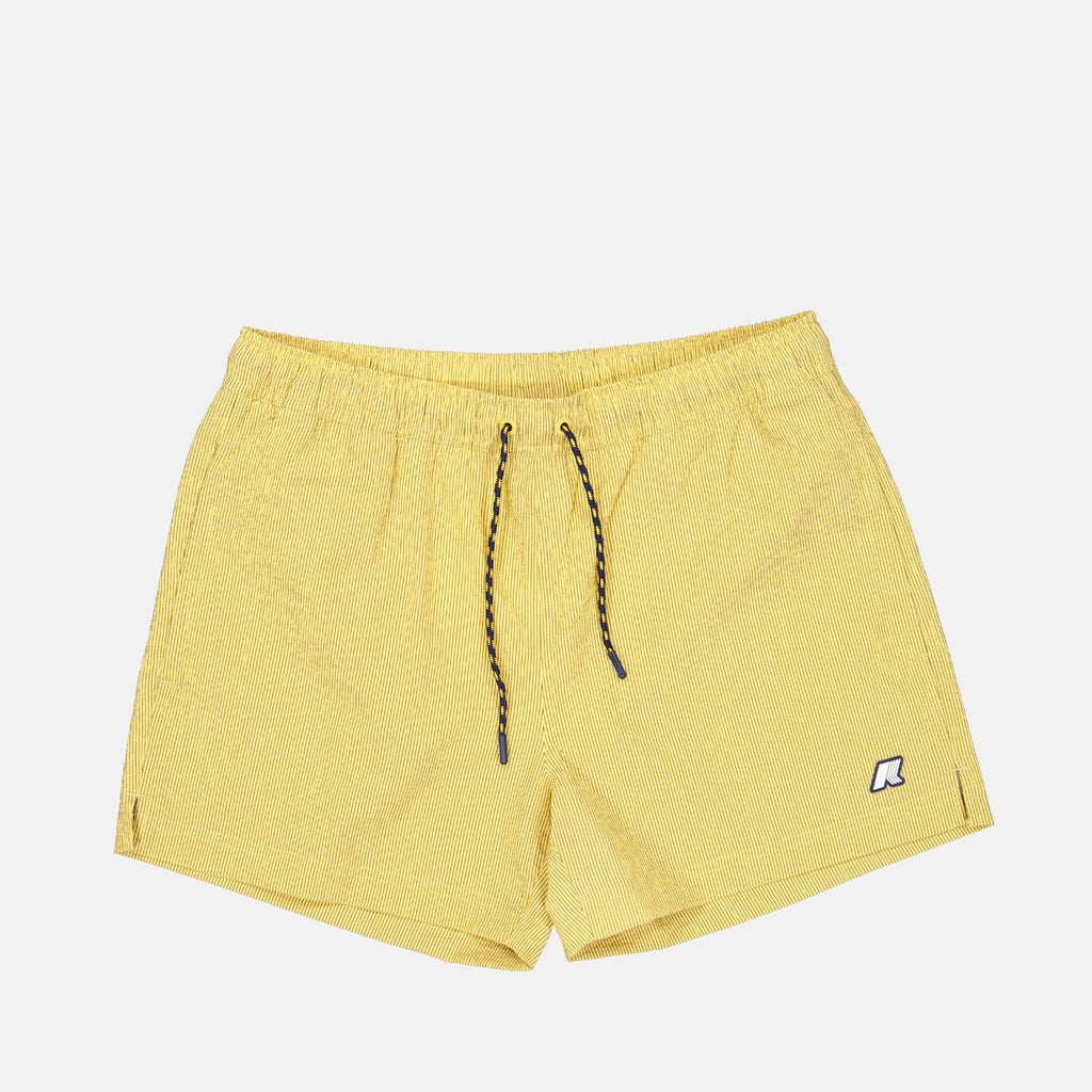 Luxury swimwear, K-Way shorts, yellow swim shorts, beach fashion, high-end swim trunks