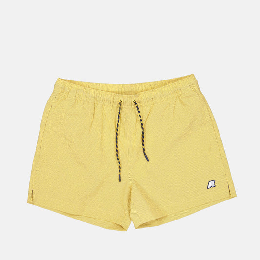 Luxury swimwear, K-Way shorts, yellow swim shorts, beach fashion, high-end swim trunks