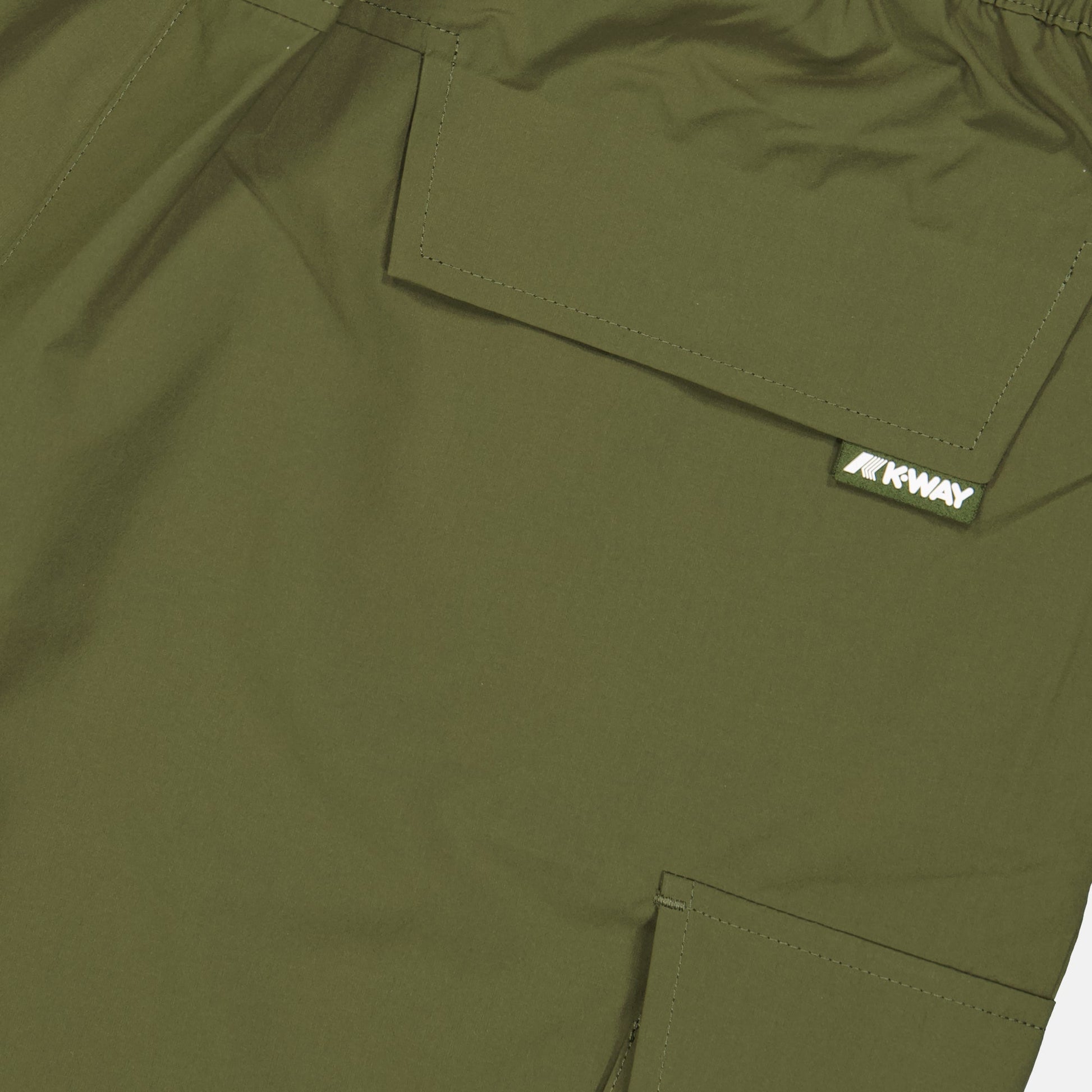 Bermuda shorts, K-Way, technical fabric, khaki green shorts, luxury menswear