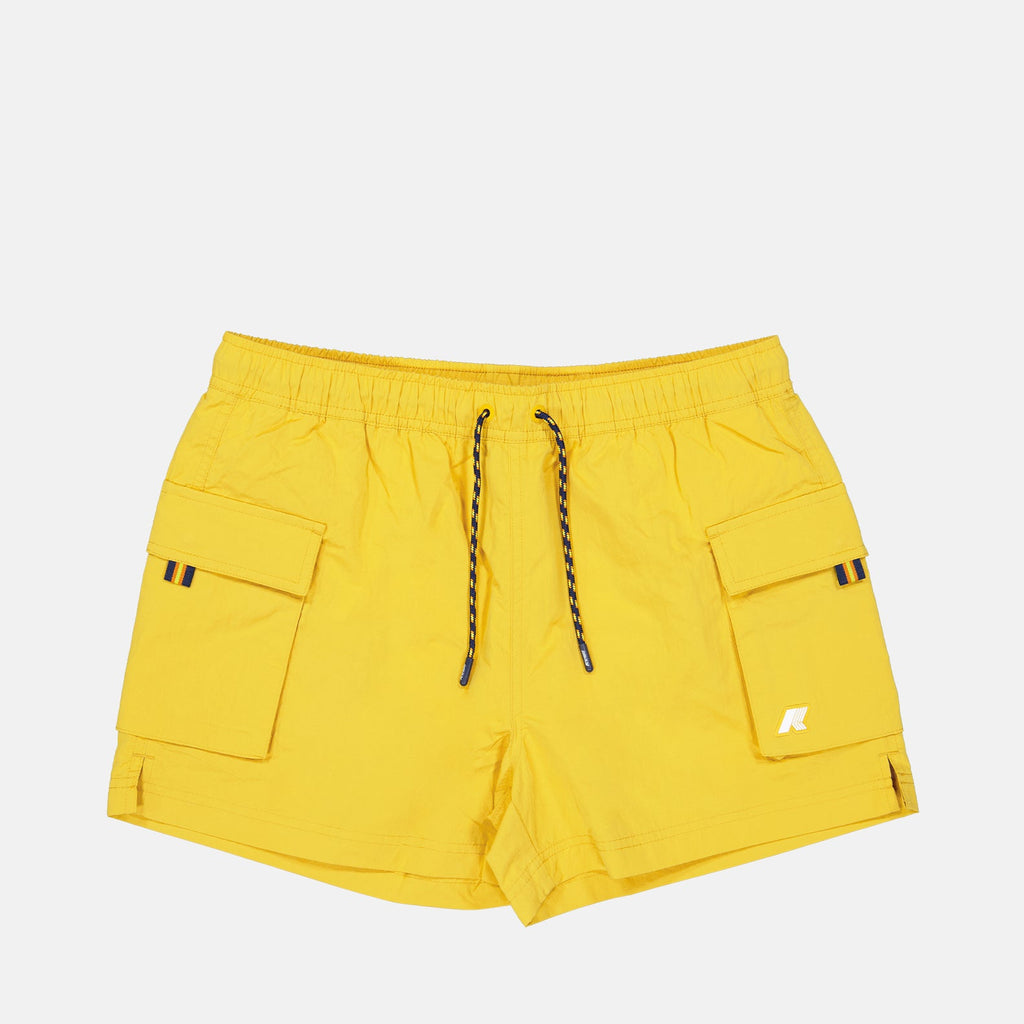 swim shorts, luxury swimwear, K-Way, yellow nylon shorts, men's swimwear