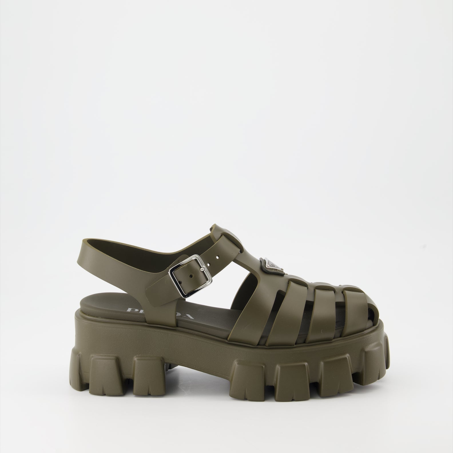 Prada sandals, Monolith sandals, luxury footwear, kaki rubber sandals, stylish platform sandals