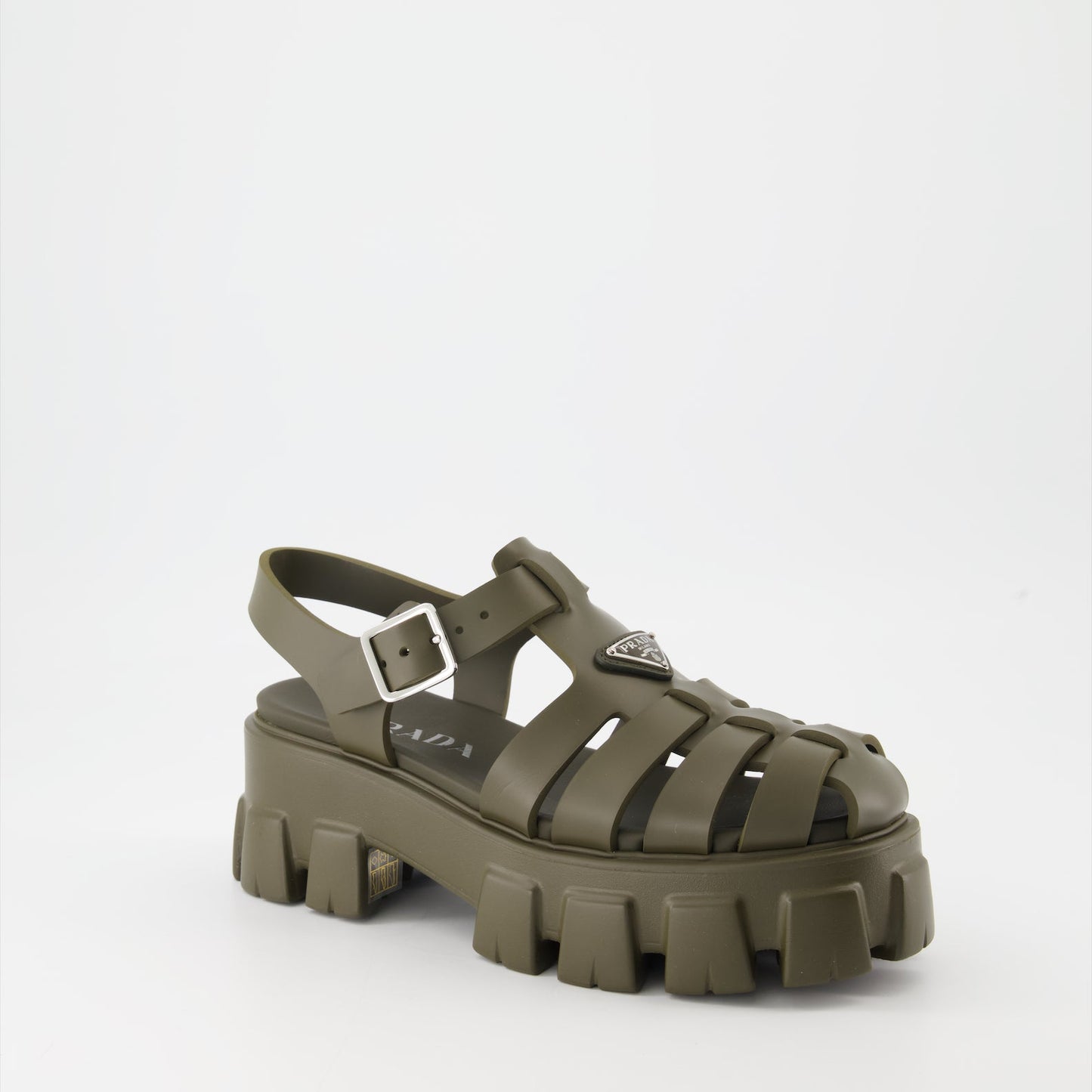 Prada sandals, Monolith sandals, luxury footwear, kaki rubber sandals, stylish platform sandals