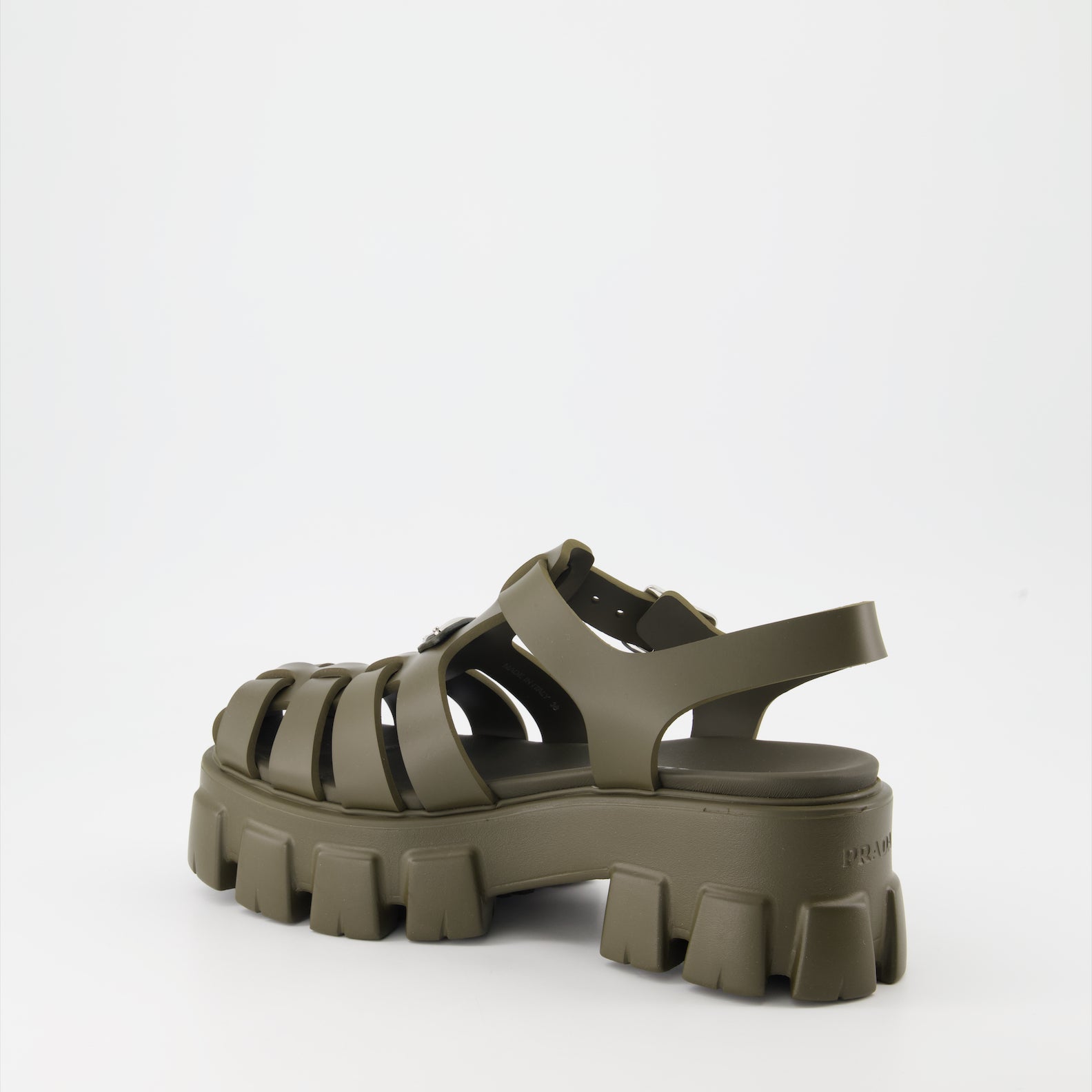 Prada sandals, Monolith sandals, luxury footwear, kaki rubber sandals, stylish platform sandals