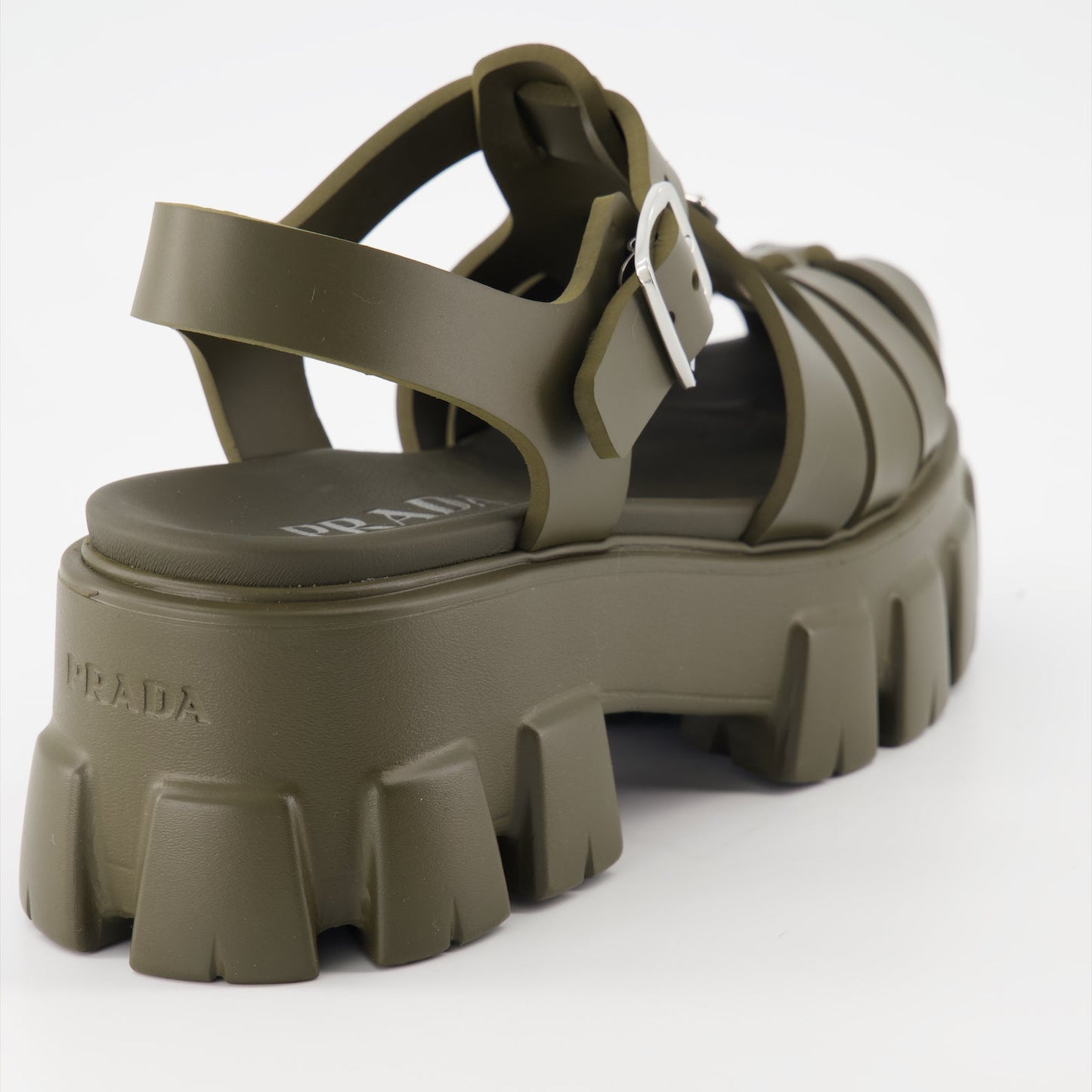 Prada sandals, Monolith sandals, luxury footwear, kaki rubber sandals, stylish platform sandals