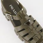 Prada sandals, Monolith sandals, luxury footwear, kaki rubber sandals, stylish platform sandals