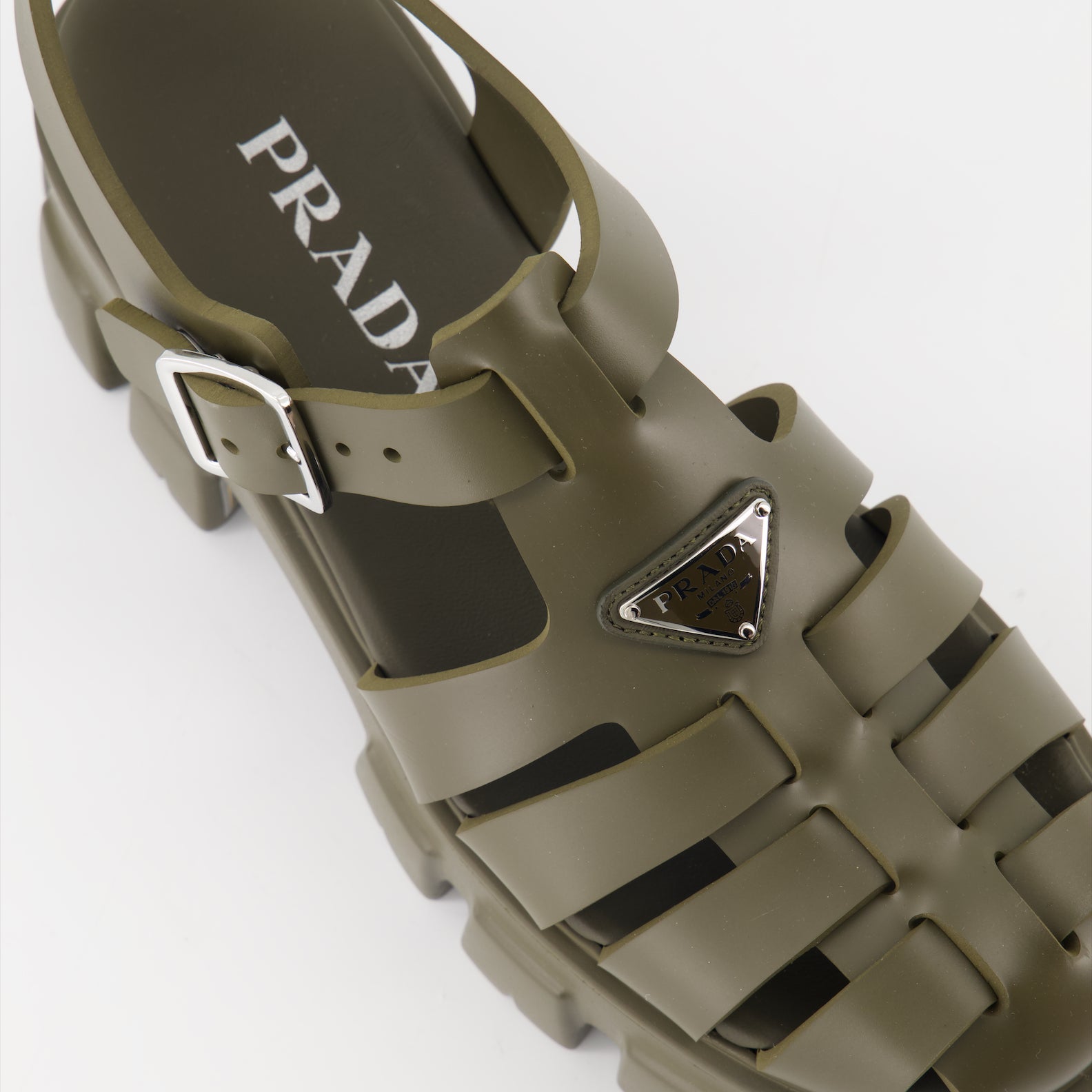 Prada sandals, Monolith sandals, luxury footwear, kaki rubber sandals, stylish platform sandals