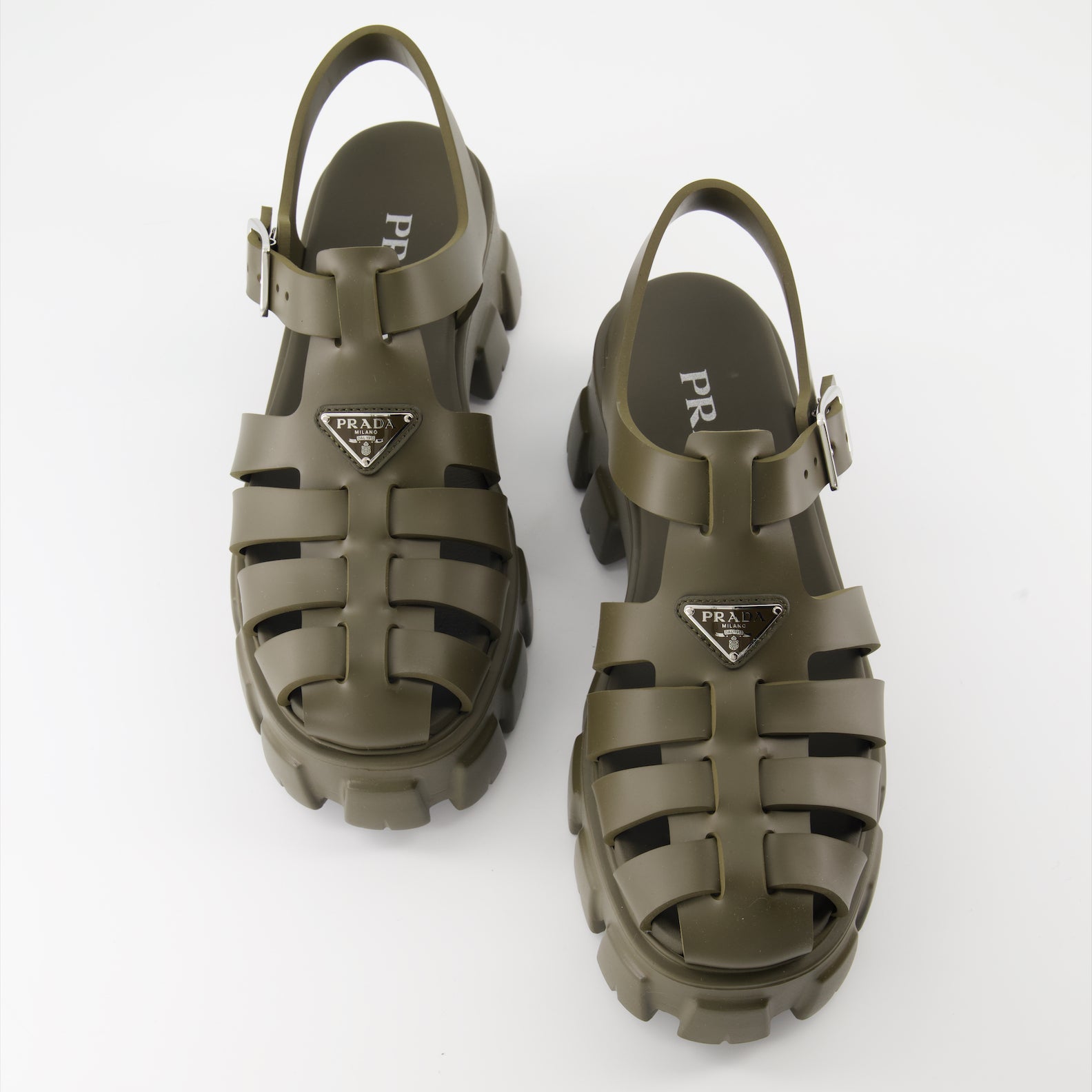 Prada sandals, Monolith sandals, luxury footwear, kaki rubber sandals, stylish platform sandals