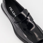Prada mocassins, brushed leather shoes, luxury footwear, black leather mocassins, designer shoes