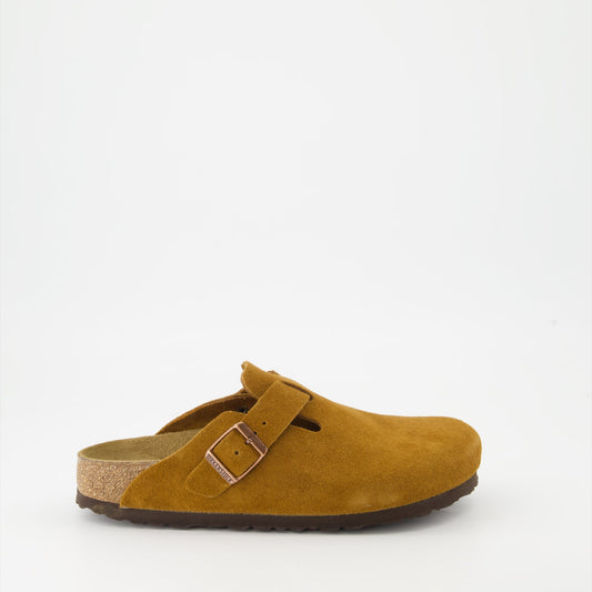 Birkenstock, Boston mules, suede mules, luxury footwear, brown mules