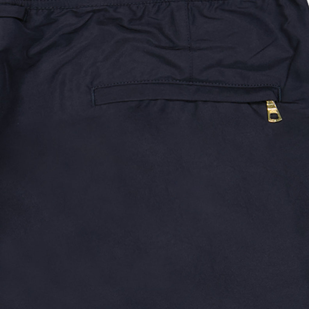 luxury swim shorts, Orlebar Brown, dark navy swimwear, high-end beachwear, premium nylon shorts