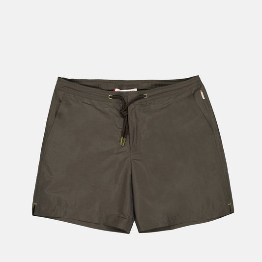 nylon swim shorts, luxury beachwear, Orlebar Brown, taupe swim trunks, Bulldog swim shorts