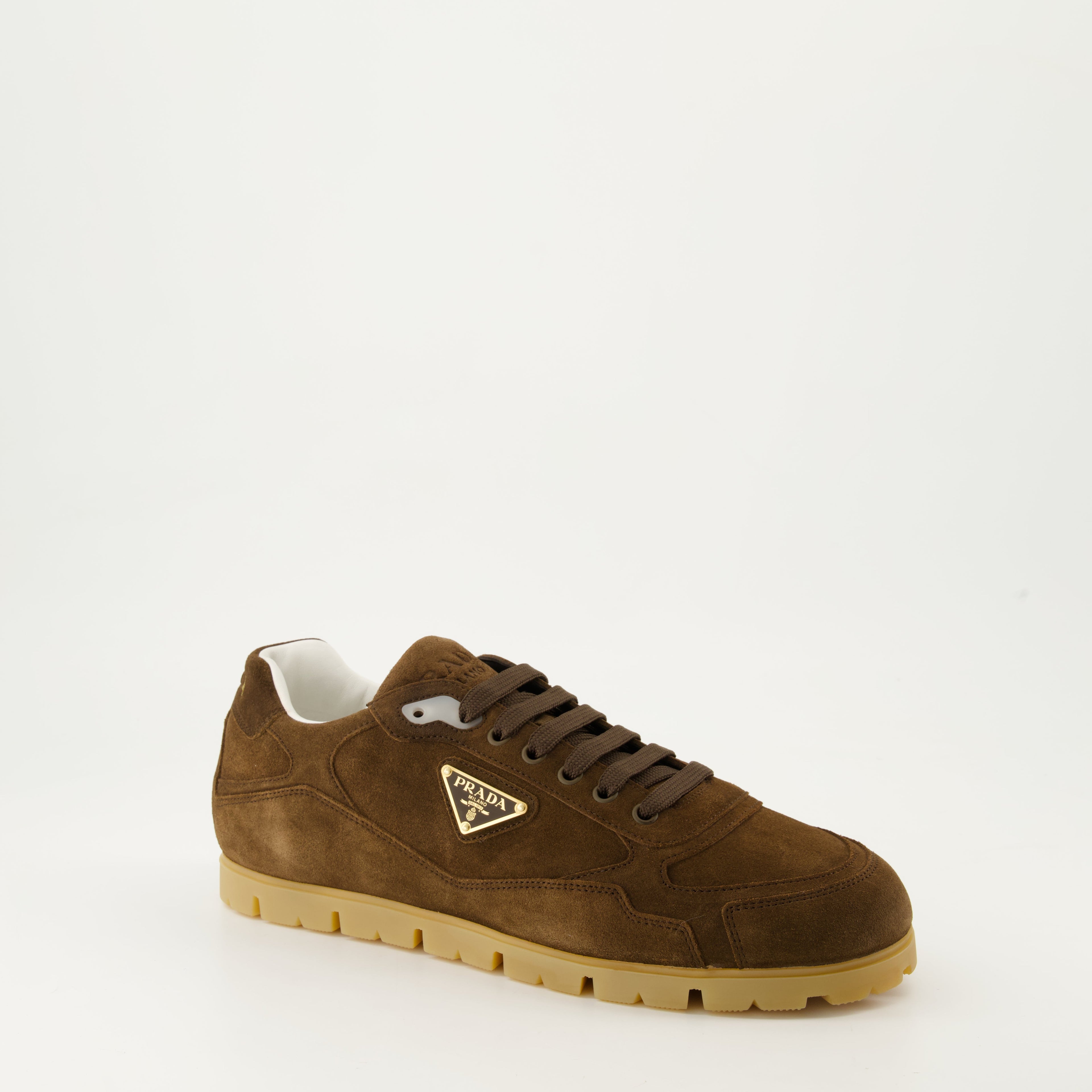suede sneakers, Prada trail shoes, autumn winter footwear, brown suede trainers, luxury sneakers