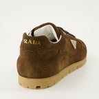 suede sneakers, Prada trail shoes, autumn winter footwear, brown suede trainers, luxury sneakers