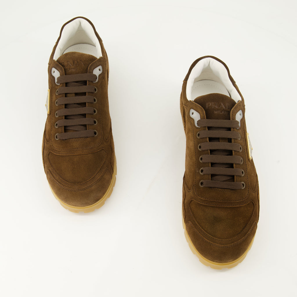 suede sneakers, Prada trail shoes, autumn winter footwear, brown suede trainers, luxury sneakers