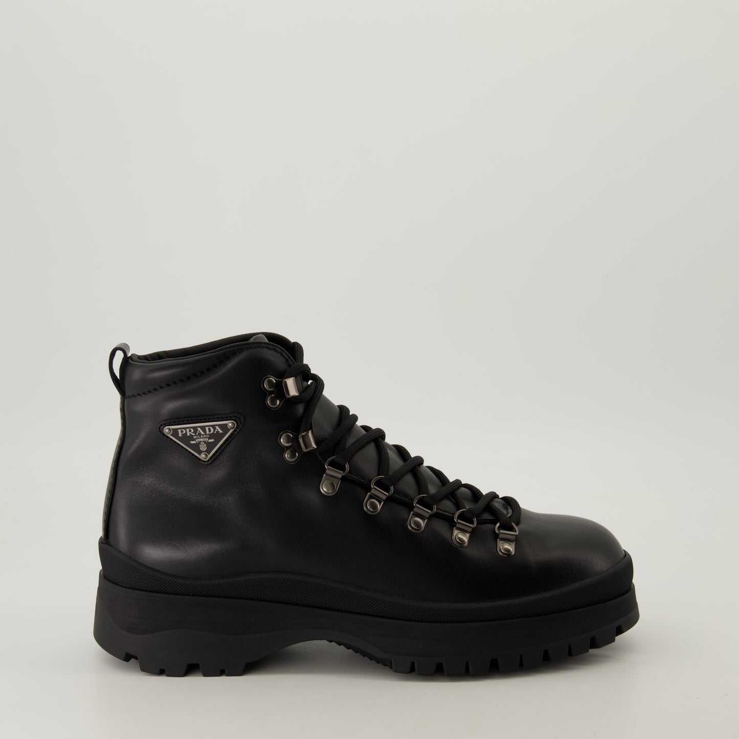 Black Leather Boots, Lace-up Boots, Treaded Sole, Prada Footwear, Men's Fashion