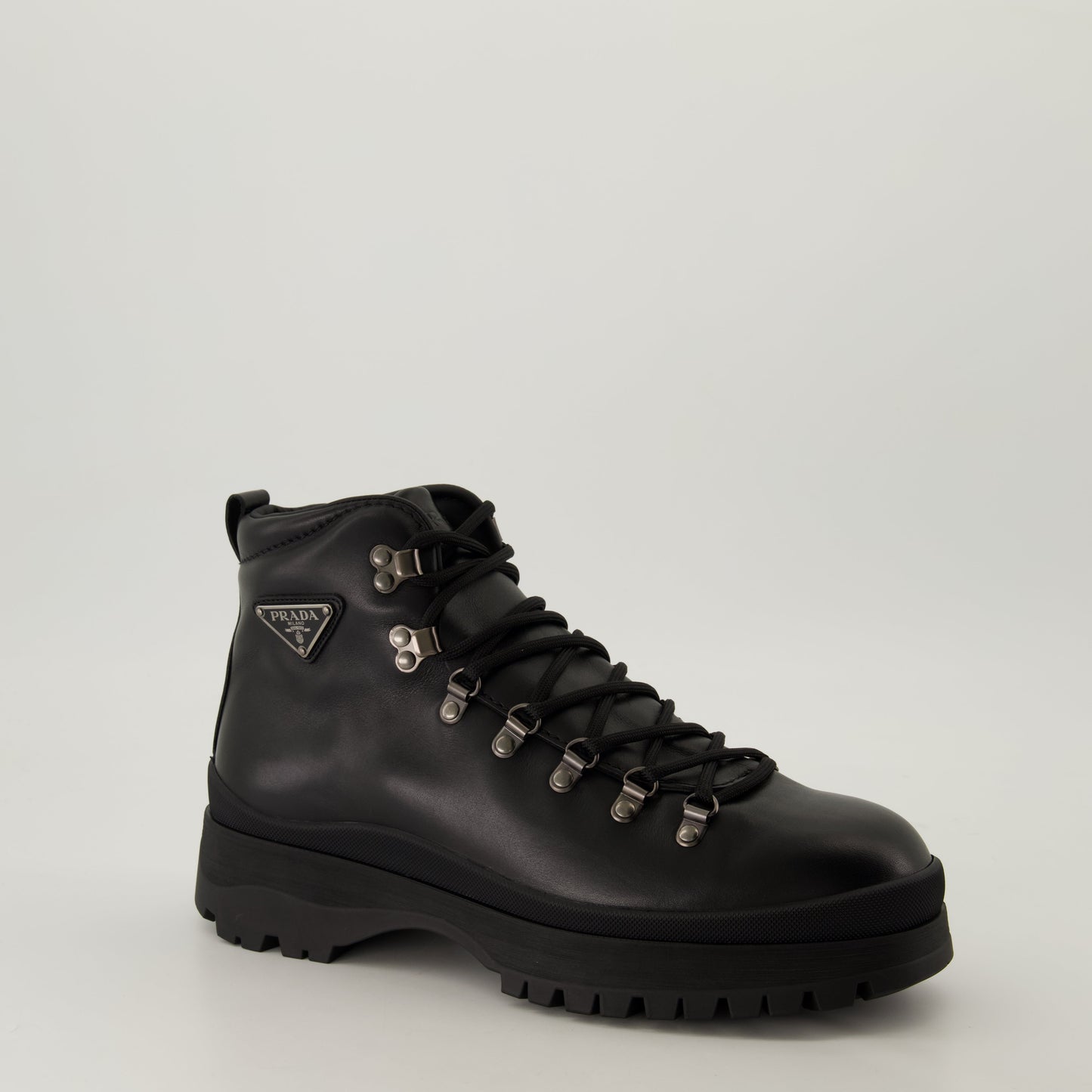 Black Leather Boots, Lace-up Boots, Treaded Sole, Prada Footwear, Men's Fashion