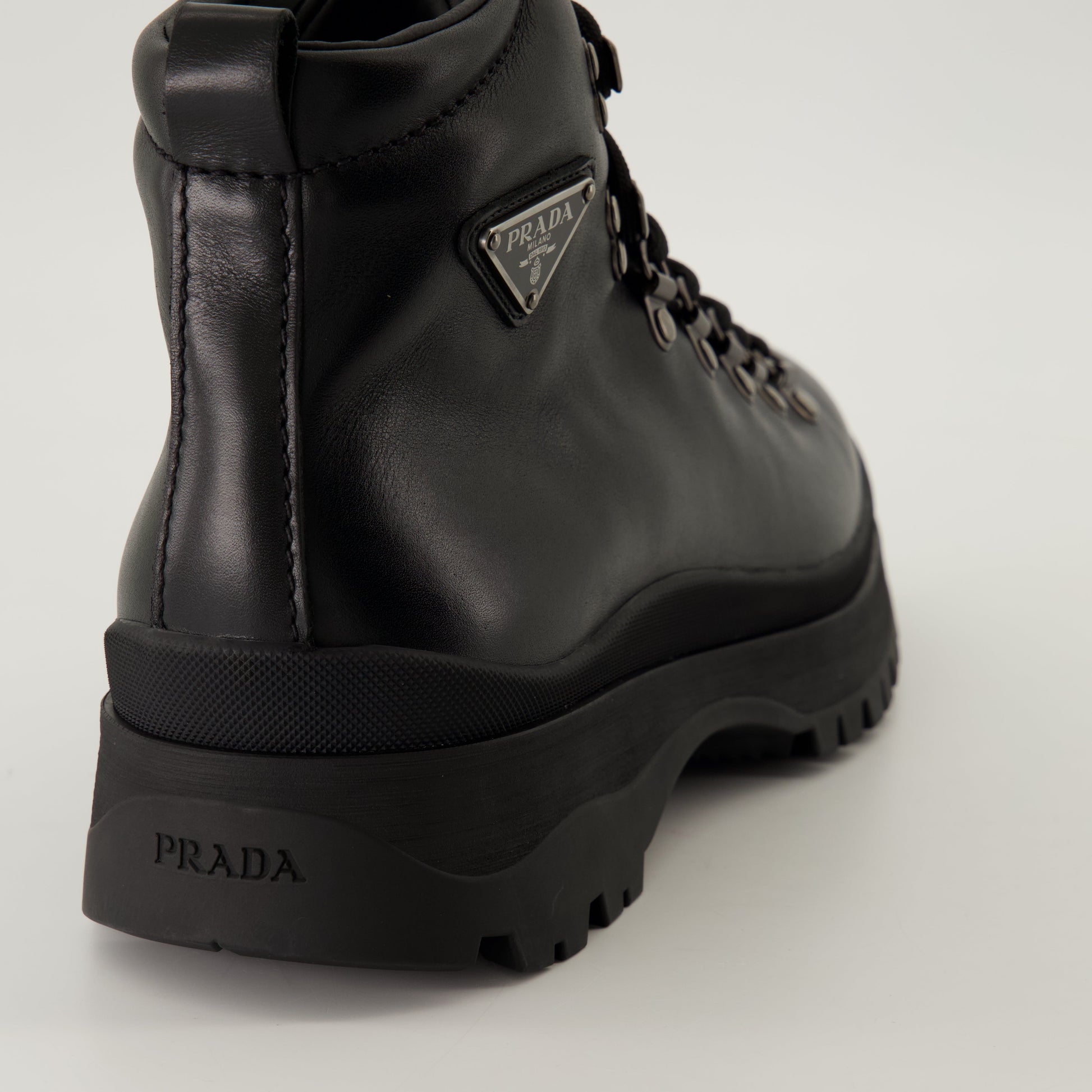 Black Leather Boots, Lace-up Boots, Treaded Sole, Prada Footwear, Men's Fashion