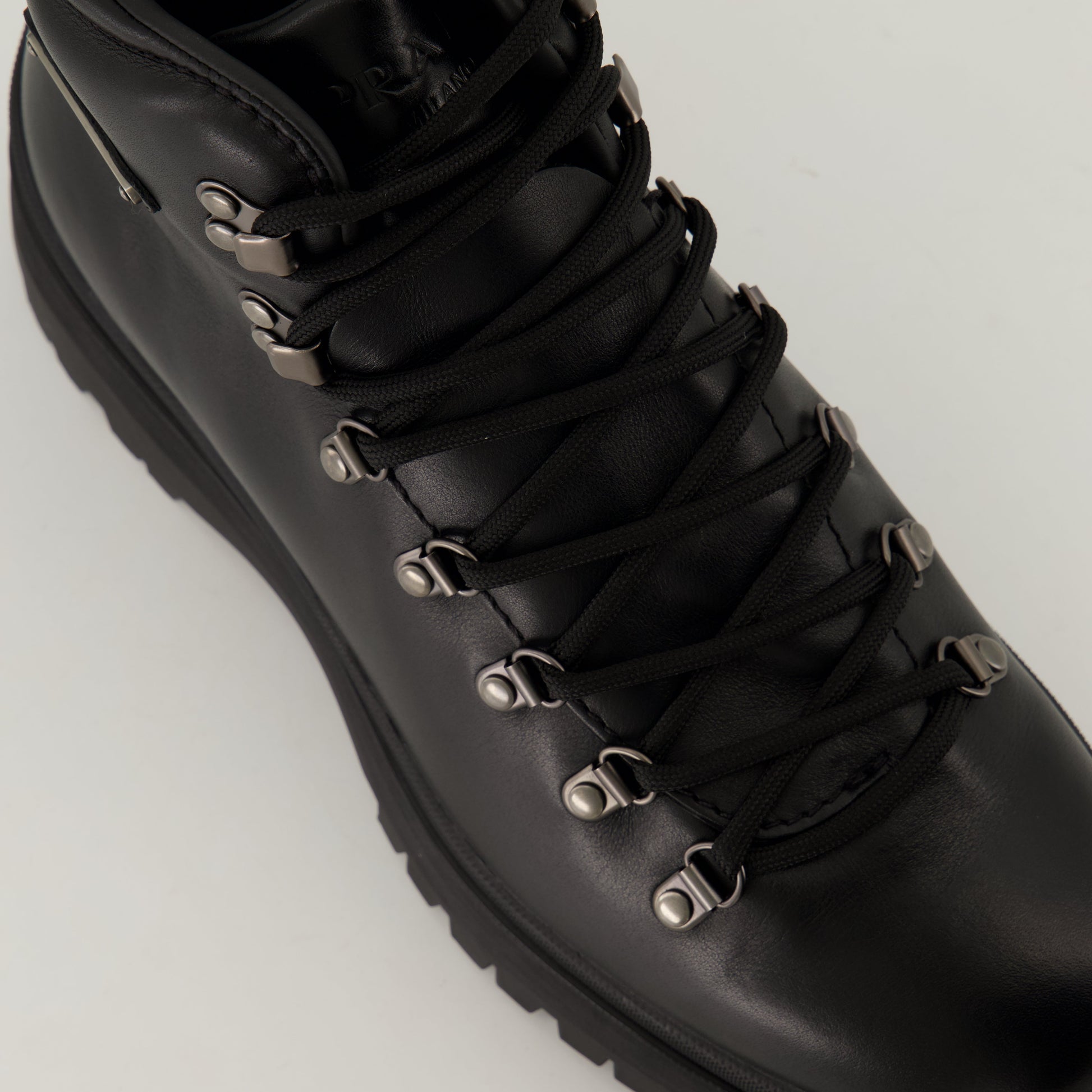 Black Leather Boots, Lace-up Boots, Treaded Sole, Prada Footwear, Men's Fashion