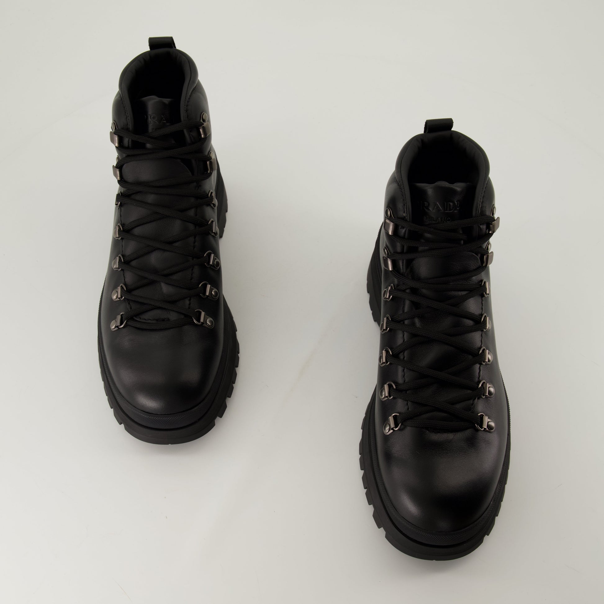 Black Leather Boots, Lace-up Boots, Treaded Sole, Prada Footwear, Men's Fashion