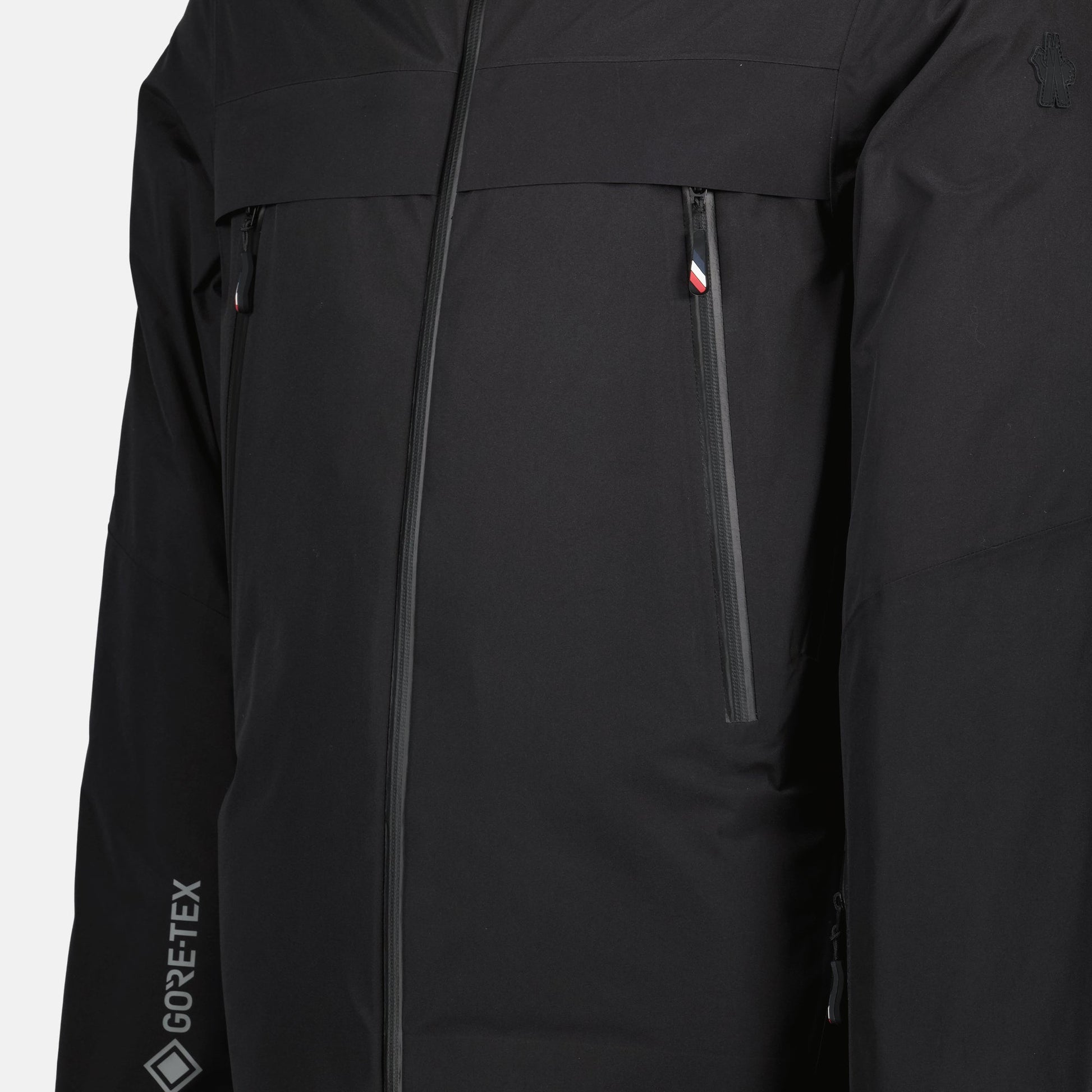 Black nylon jacket, Moncler Grenoble, logo patch jacket, adjustable hood jacket, autumn-winter collection