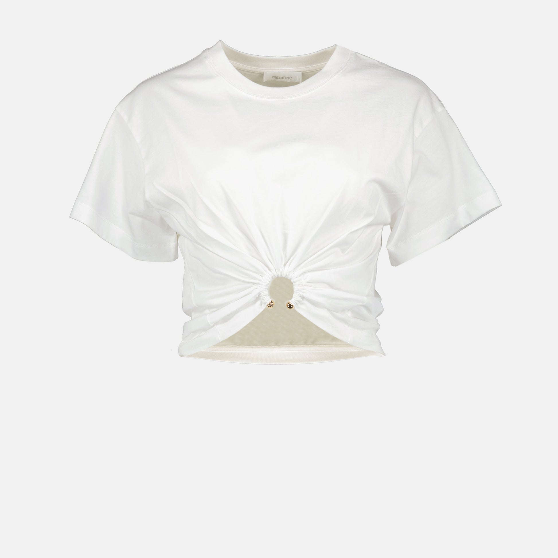 white crop T-shirt, gold ring detail, autumn collection, pleated edge, cotton top