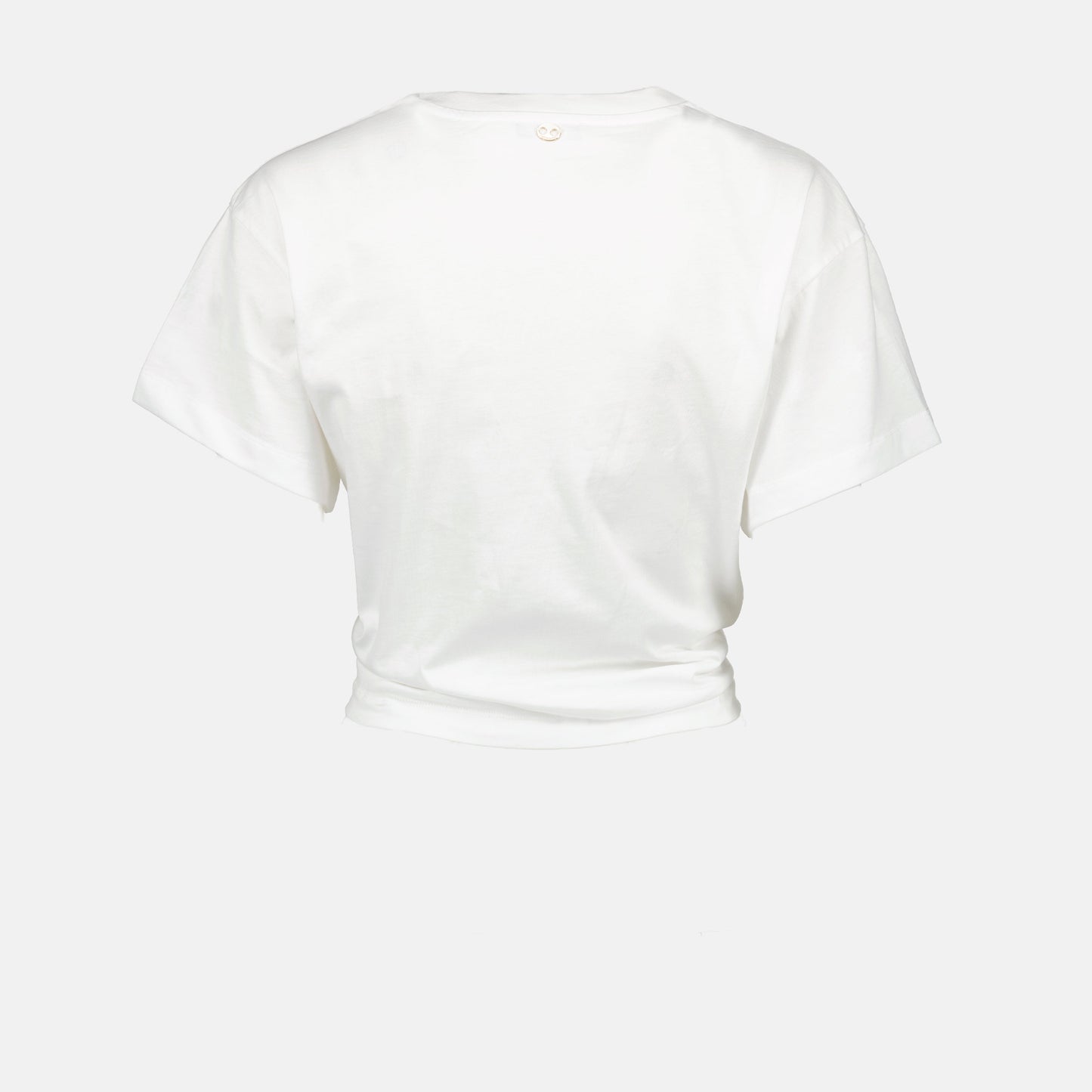 white crop T-shirt, gold ring detail, autumn collection, pleated edge, cotton top